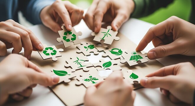 Team Assembling Eco Puzzle Pieces for Sustainability - Powered by Adobe
