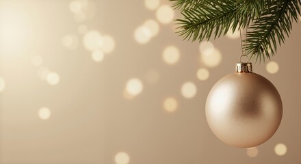Single gold Christmas bauble hanging on a fir tree branch. Elegant holiday decoration with a festive bokeh lights background. Seasonal concept with copy space
