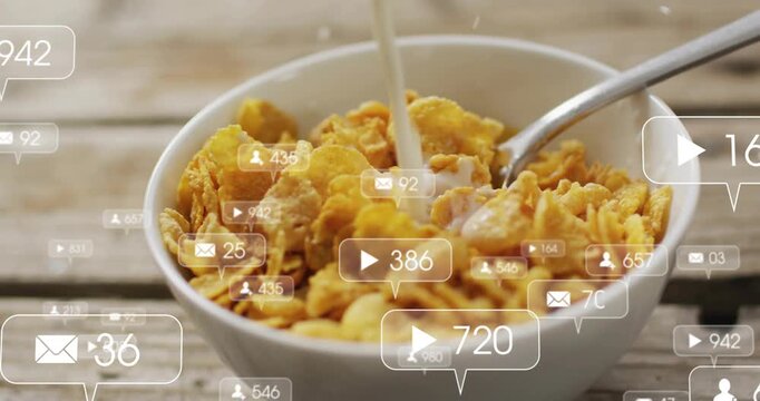 Overlays fading around bowl of cornflakes with spoon while milk pouring and counters updating likes