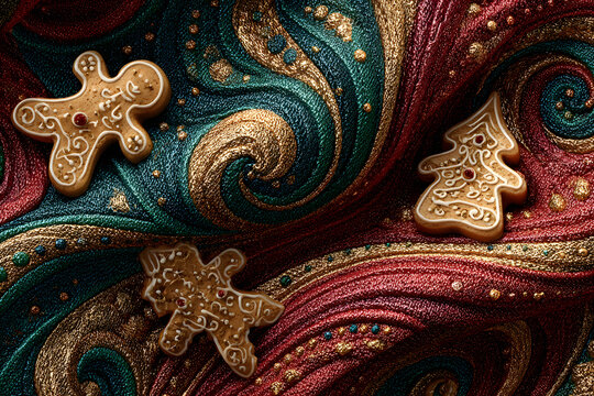 Christmas abstract background with cookies on red fabric