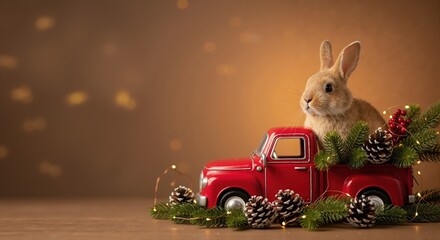 A cute rabbit in a red toy truck with Christmas decorations. Festive holiday animal concept with winter pine branches. Background with copy space