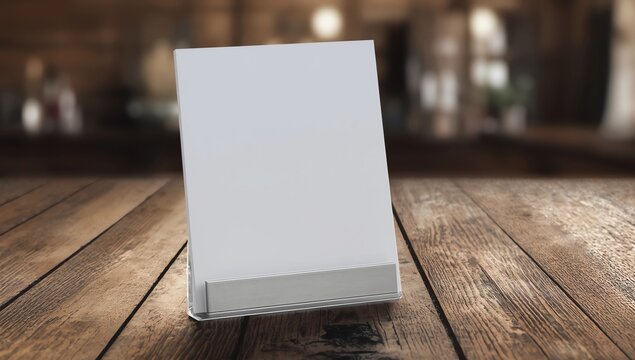 Mock up Menu frame in Bar restaurant, Stand for booklets with white sheets of paper acrylic tent card on wooden table on cafeteria blurred background.