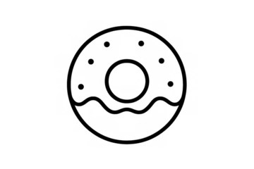 Donut line art style black and white icon with frosting and sprinkle details, representing sweet food and confectionery