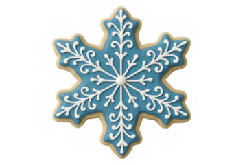 Snowflake sugar cookie with blue and white icing decoration isolated on transparent background, winter holiday dessert
