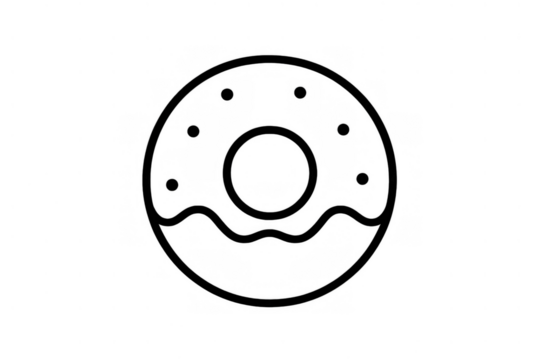 Donut line art style black and white icon with frosting and sprinkle details, representing sweet food and confectionery - Powered by Adobe