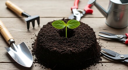 Sprout Growing in Soil with Gardening Tools on Wooden Surface