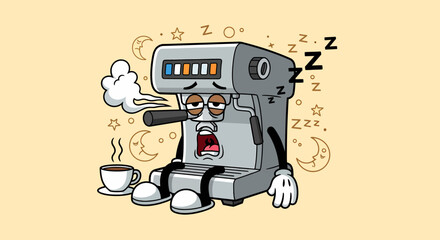 Exhausted coffee machine cartoon character taking a nap after work.