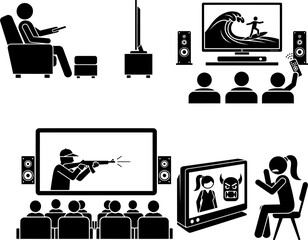 Watching TV and Movie Entertainment Icon Set