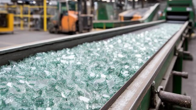 A close-up shot of a conveyor belt filled with countless pieces of broken green glass moving forward in a recycling facility, highlighting the industrial process of glass recovery.