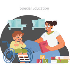 Teacher Reading Book To Child In Wheelchair Special Education Concept In Pastel Colors With ABC Blocks And Bookshelf In Background