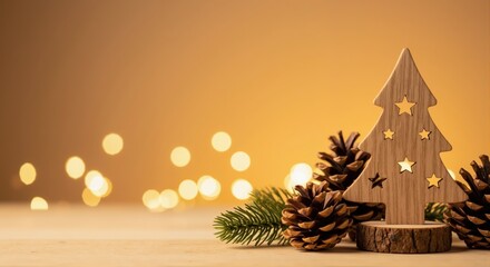 A rustic Christmas decoration with a wooden tree and pine cones. Festive holiday background with golden bokeh lights and copy space for text