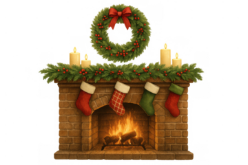 Christmas fireplace with sparkling fire, holiday stockings hanging, festive wreath, and lit candles, transparent background