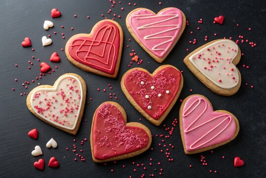 Delicious heart shaped cookies on dark background sweet treats valentines day baking - generated by ai