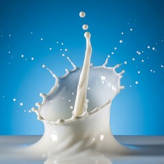 Dynamic Milk Splash with Droplets on Blue Background