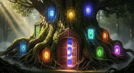 Enchanted Forest Tree with Many Magical Doors