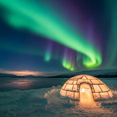 Enchanting Aurora Borealis Over Illuminated Igloo in Snowy Landscape