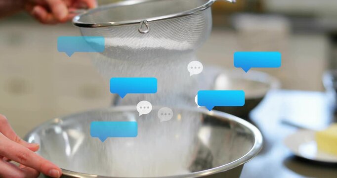 Cooking clip showing man's hands tapping sifter sifting flour into bowl as floating chat bubbles