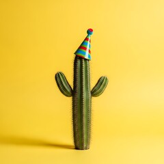 Festive Cactus Wearing Party Hat on Yellow Background
