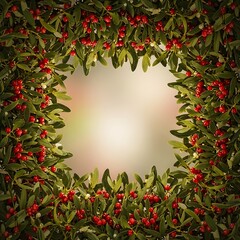 Festive Mistletoe Border with Red Berries and Green Leaves