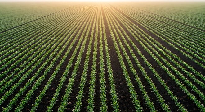 Rows of Young Plants in Agricultural Field at Sunset