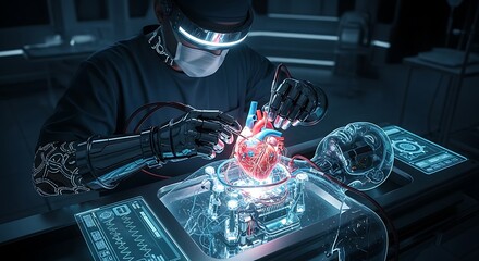 Futuristic Surgeon Performing Robotic Heart Transplant Surgery
