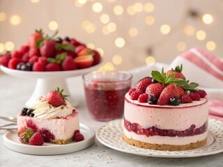 cake and dessert with fresh berries and cream in the style of light pink and crimson, bokeh panorama - generated by ai
