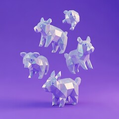 Geometric Low Poly Animal Figures Floating on Purple Background