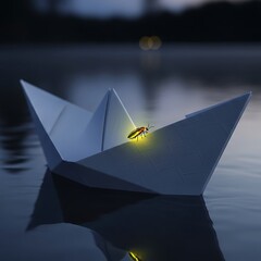 Glowing Firefly on Paper Boat at Night