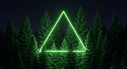 Neon Triangle Illuminates Dark Pine Forest at Night