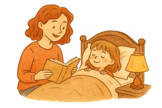 Mother reading bedtime story to daughter, embracing family love and educational development at night, transparent background