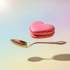 Pink Heart Macaron and Golden Spoon Levitate