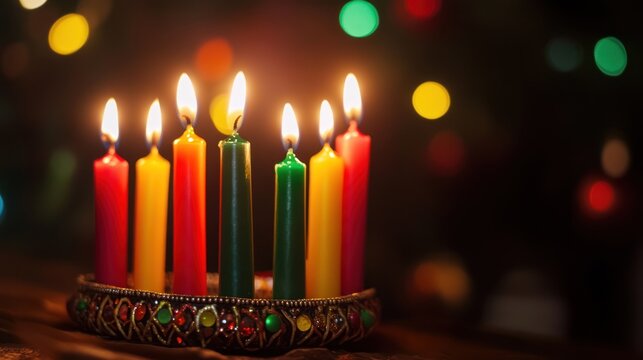 Seven lit Mishumaa Saba candles in a kinara, symbolizing African American Kwanzaa holiday celebration.
