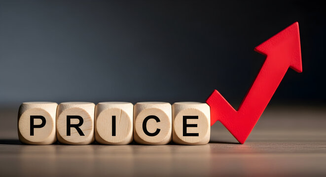 Price Increase Concept: Wooden Blocks Spelling 'PRICE' with Red Upward Arrow Symbolizing Rising Costs
