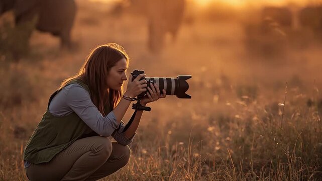Female Wildlife Photographer Captures Golden Hour Safari Moment with Telephoto Lens in Dusty African Savanna Landscape