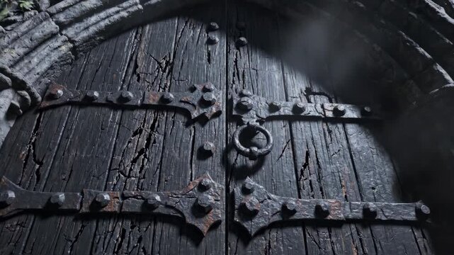 Ancient gothic wooden door with heavy iron hinges and ring knocker