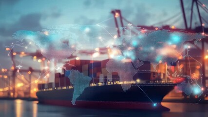 Global Trade Network Visualization with Cargo Ship and Digital World Map Overlay, Demonstrating - Powered by Adobe
