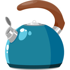 Teal Blue Kettle with Brown Handle and Silver Accents on Transparent Background Detailed Pixel Art Illustration
