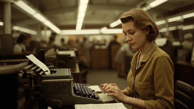 Focused Woman Typing on Vintage Mechanical Typewriter in a Bustling Retro Office Environment, Evoking Mid-Century Professionalism