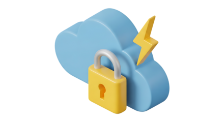Isometric 3D icon of a secure cloud with a padlock and lightning bolt, symbolizing data protection and fast access.