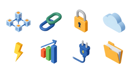A collection of eight isometric icons representing various concepts including blockchain, linking, security, cloud computing, energy, growth, power, and data storage.