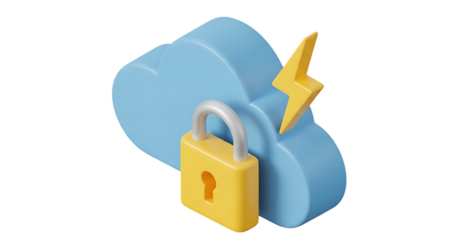 Isometric 3D icon of a secure cloud with a padlock and lightning bolt, symbolizing data protection and fast access.