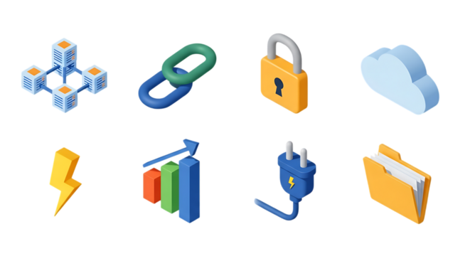 A collection of eight isometric icons representing various concepts including blockchain, linking, security, cloud computing, energy, growth, power, and data storage.
