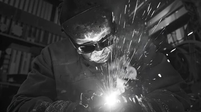 Welder at Work with Bright Sparks in Monochrome Industrial Setting, Focused on Metal Fabrication and Craftsmanship