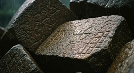Rough hewn stone blocks display ancient carved markings during a rain shower