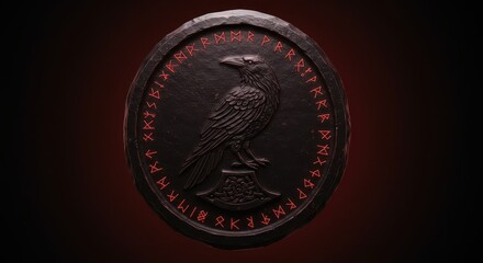 Obraz premium Dark stone medallion featuring a raven motif inscribed with ancient characters encircling the edge.