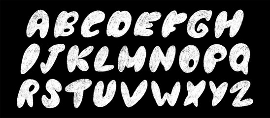 Playful chalk textured alphabet drawn by hand in a naive kids style. Bold letters with rough crayon texture on black chalkboard background. Vector illustration isolated for creative design, posters.