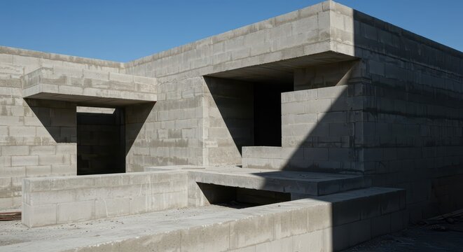 Unfinished concrete structure displays geometric shapes and strong shadows under clear sky