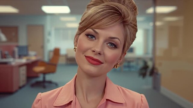 Charming Retro Businesswoman with Beehive Hairstyle Smiling in a Vintage Office Setting, Capturing Mid-Century Professional Style