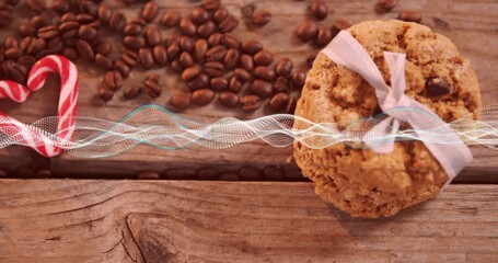Teal waveform appearing on tabletop, pulsing and shifting over coffee beans, cookies to show sound - Powered by Adobe