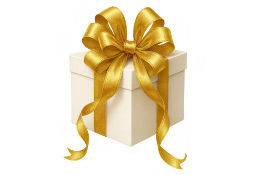 White gift box wrapped with a shiny golden ribbon and bow, symbolizing celebration and surprise